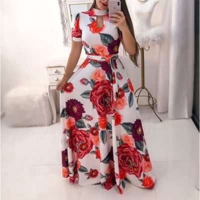 Fashion Women’s Dress Floral Printed Long Dress-Red