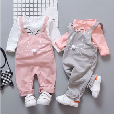 Spring Newborn Baby Girls Suit T-shirt + Pants Suit – Pink/Grey